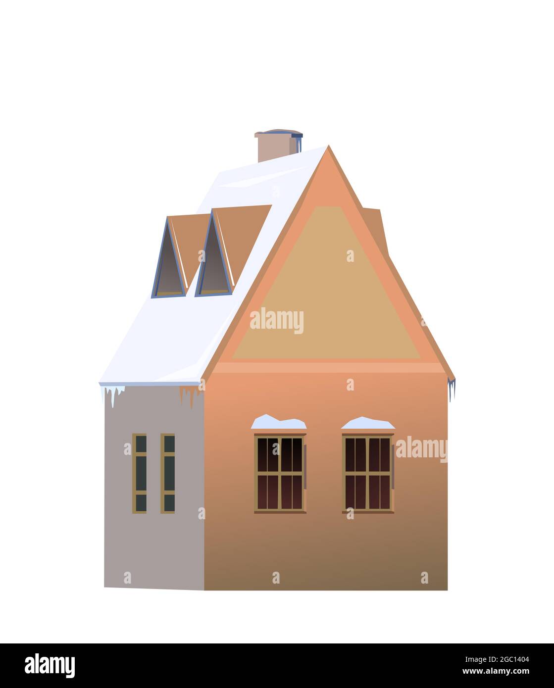 Country house. Winter season. Funny. The roof is covered with snow. Gable roof outbuilding. Nice and cozy suburban private home. Flat cartoon style Stock Vector