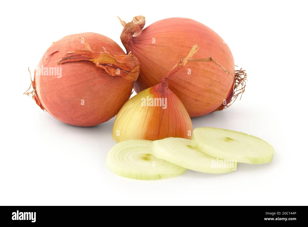 Fresh brown onion bulbs isolated on white background Stock Photo