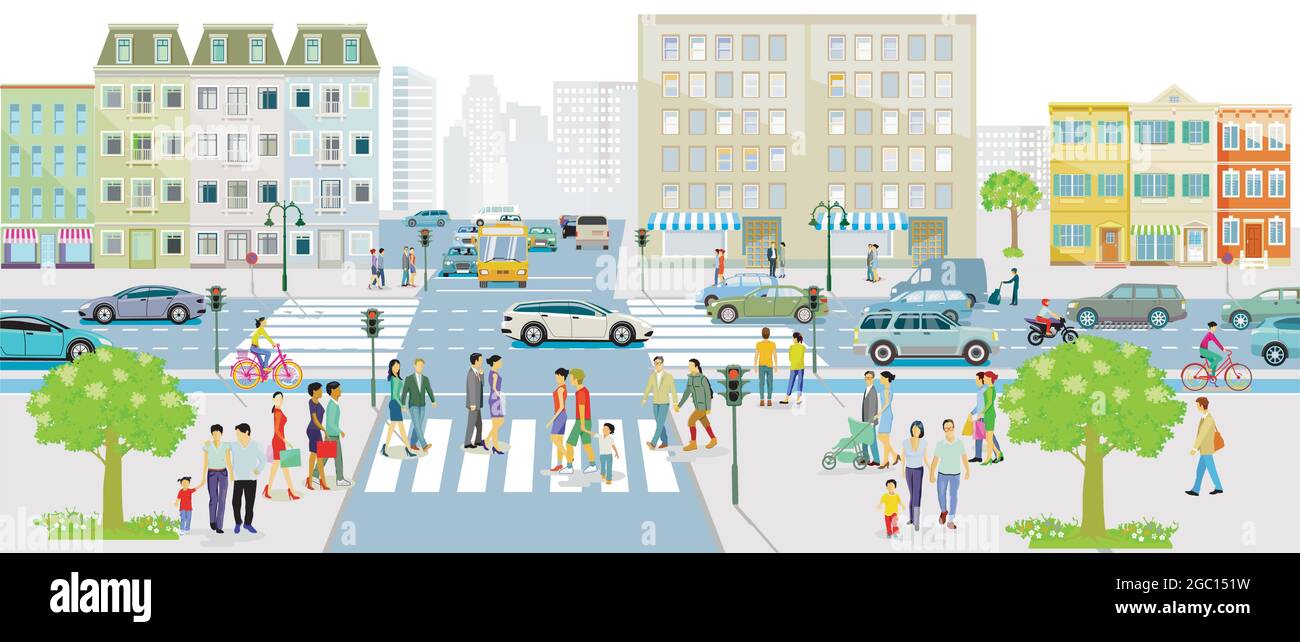 City silhouette with pedestrians and road traffic, illustration Stock ...