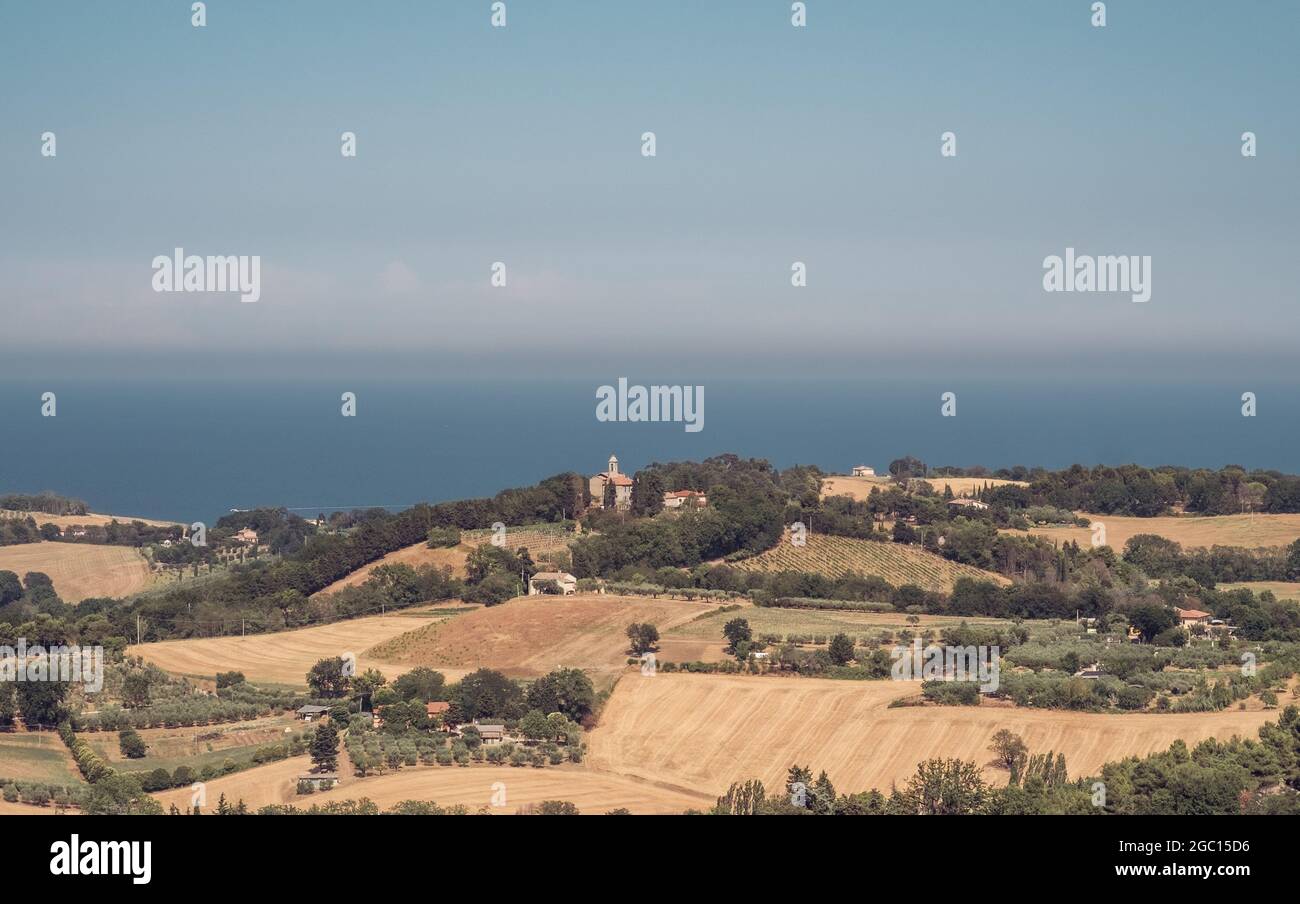 The hills in front of the Adriatic sea in the province of Pesaro and Urbino, Marche, Italy Stock Photo
