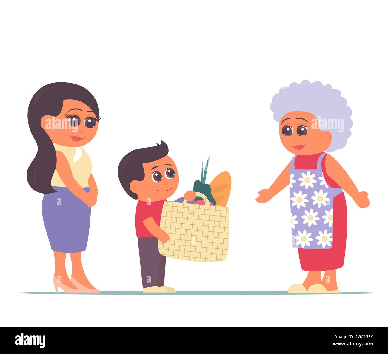 A little grandson with his mother brought food to his grandmother. Caring for the elderly. Love in the family. Vector isolated cartoon illustration Stock Vector