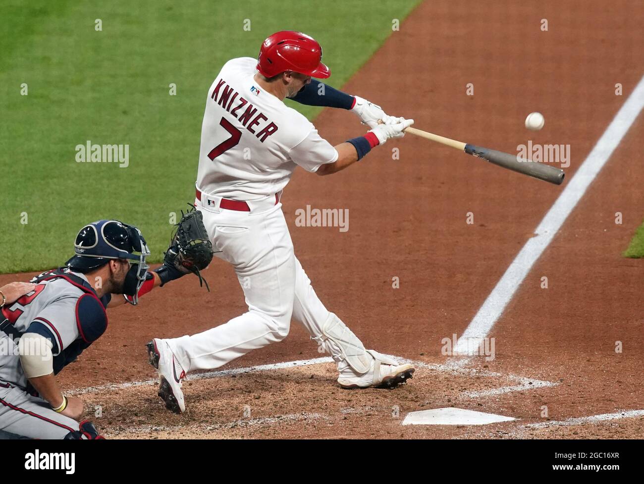 St. Louis, United States. 06th Aug, 2021. St. Louis Cardinals catcher Andrew  Knizner swings, hitting a solo home run against the Atlanta Braves in the  third inning at Busch Stadium in St.