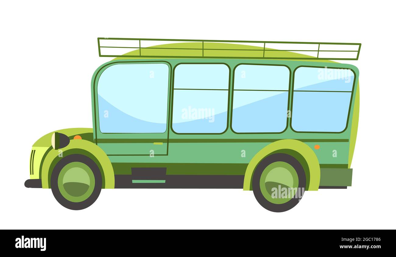 Green tourism Bus. Cartoon comic funny style. Side view. Automobile for  safari. Auto in flat design. Childrens illustration. Isolated on white  Stock Vector Image & Art - Alamy