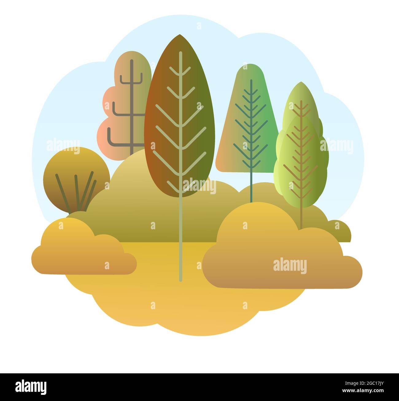 Autumn forest. Flat style symbolic illustration. Landscape in orange, yellow and green tones. Rural wildlife. Country scene with trees. Beautiful art Stock Vector
