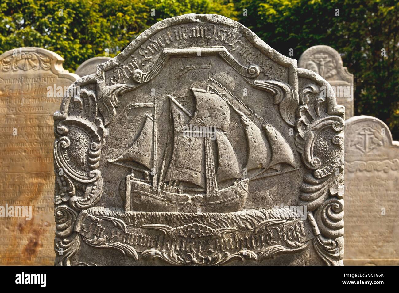 Talking Gravestones of Amrum at St. Clemens Church cemetery in the village of Nebel, Germany, Schleswig-Holstein, Northern Frisia, Amrum Stock Photo