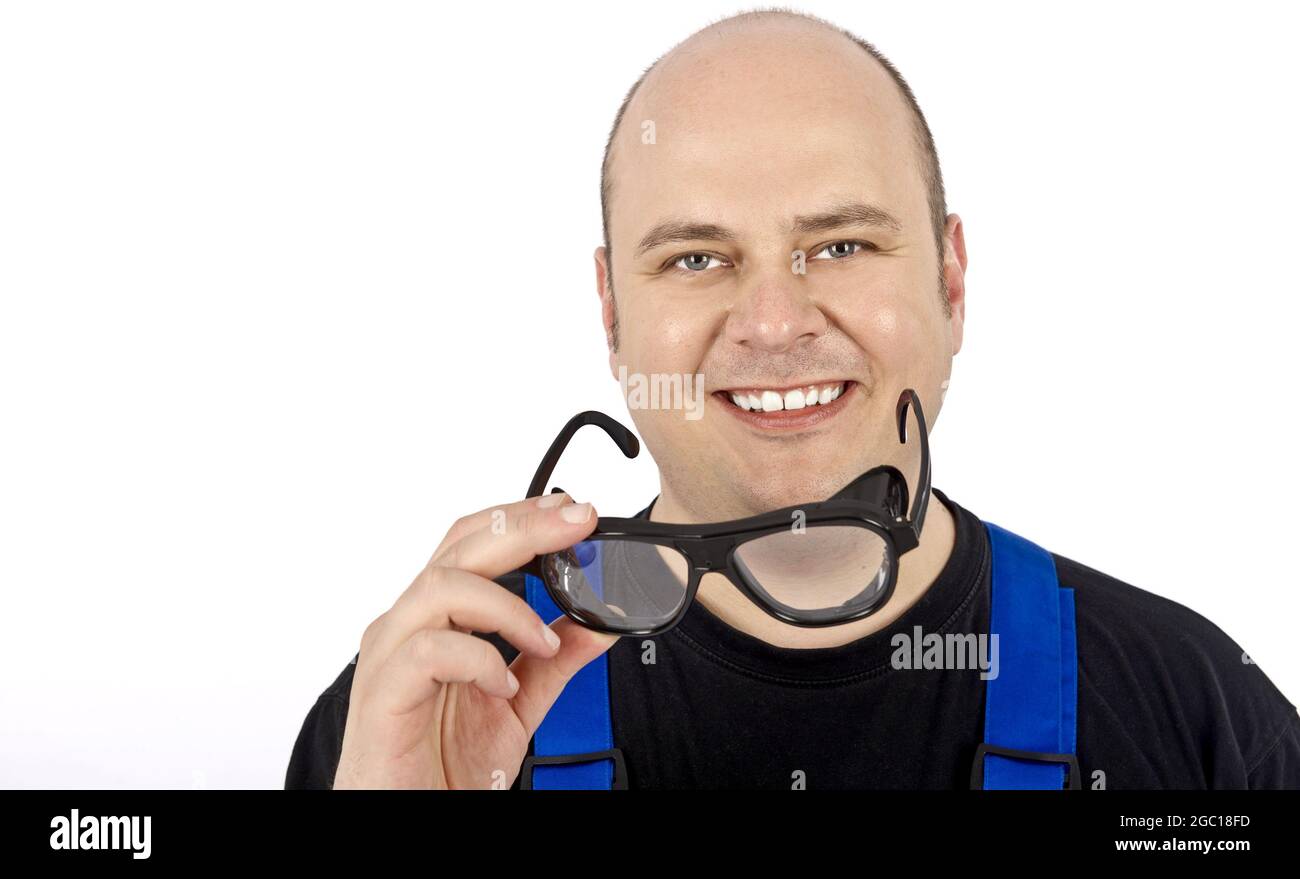 blue collar worker with safety glasses Stock Photo Alamy
