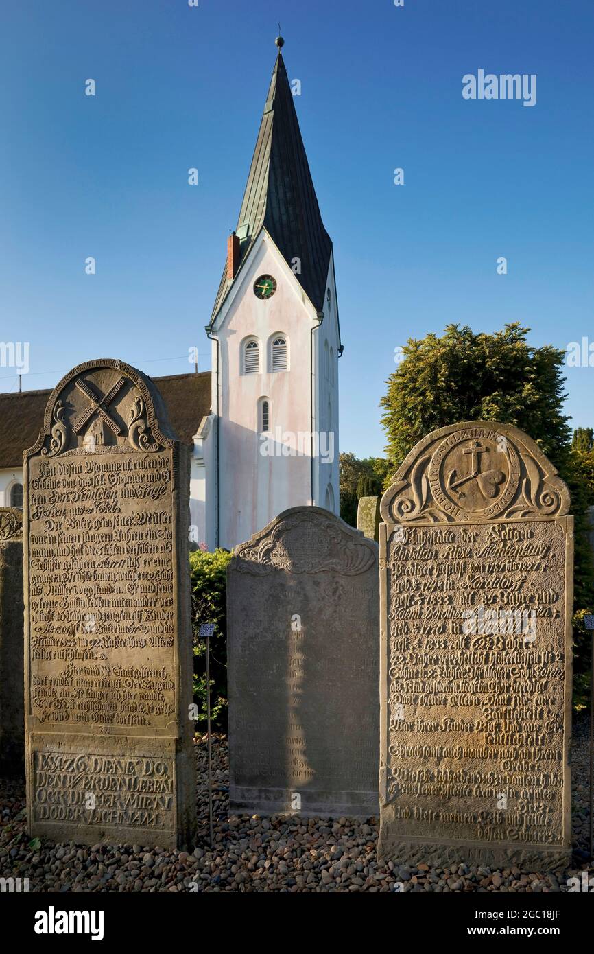 Talking Gravestones of Amrum at St. Clemens Church cemetery in the village of Nebel, Germany, Schleswig-Holstein, Northern Frisia, Amrum Stock Photo