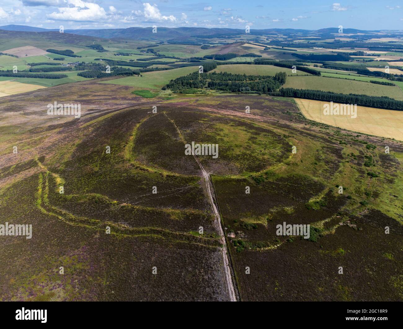 Aerial view of the Iron Age hill fort known as the Brown Caterthun near Brechin, Angus, Scotland Stock Photo