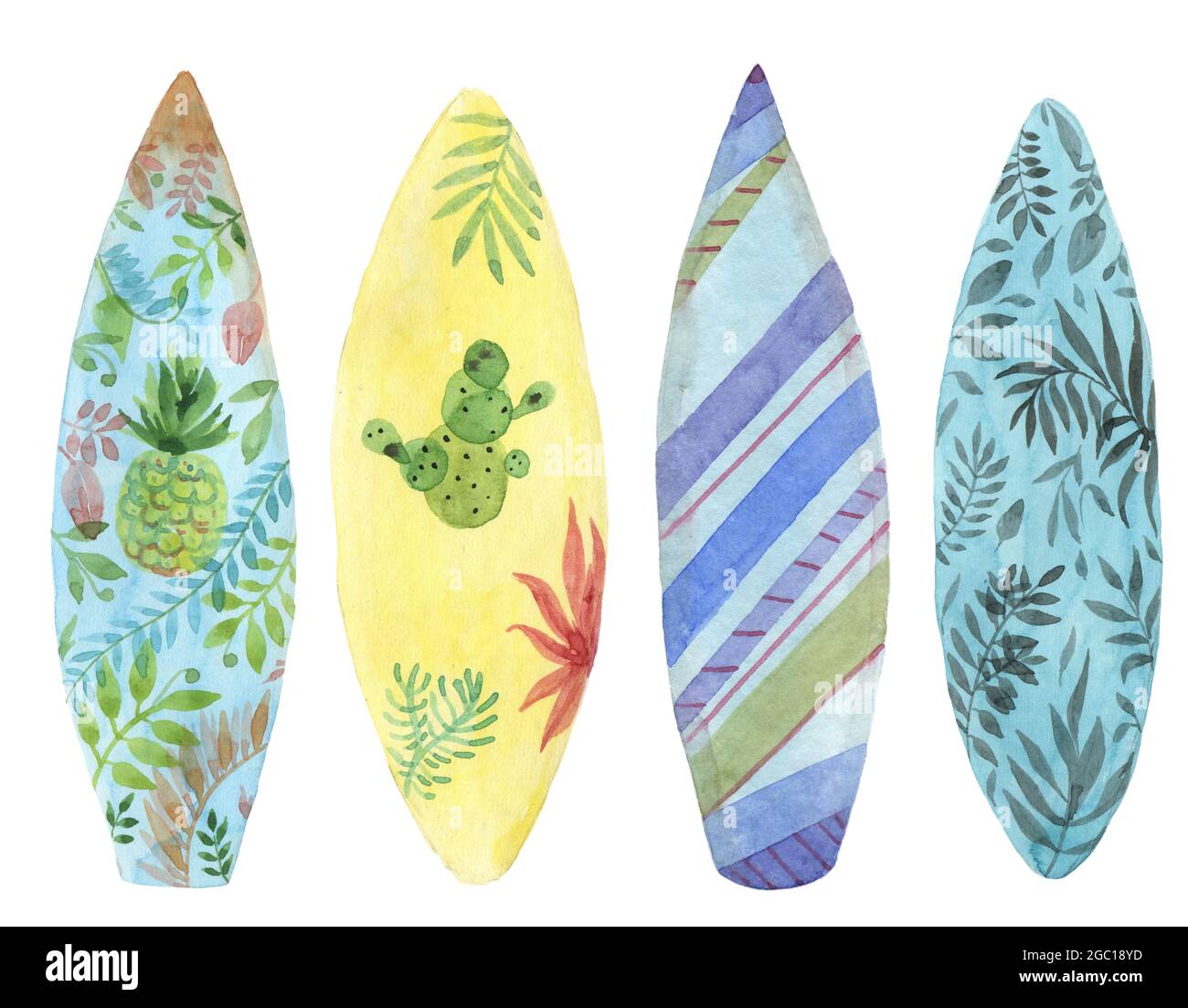 Watercolor surfing board set Stock Photo