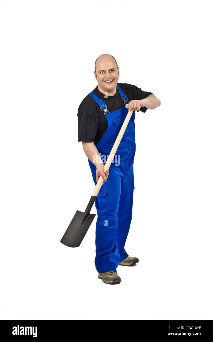 blue collar worker with spade Stock Photo