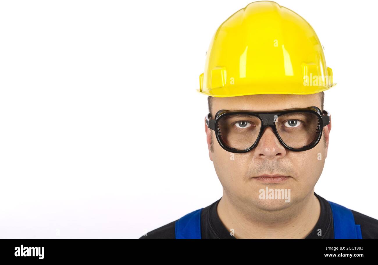 blue collar worker with hard hat and safety glasses Stock Photo - Alamy