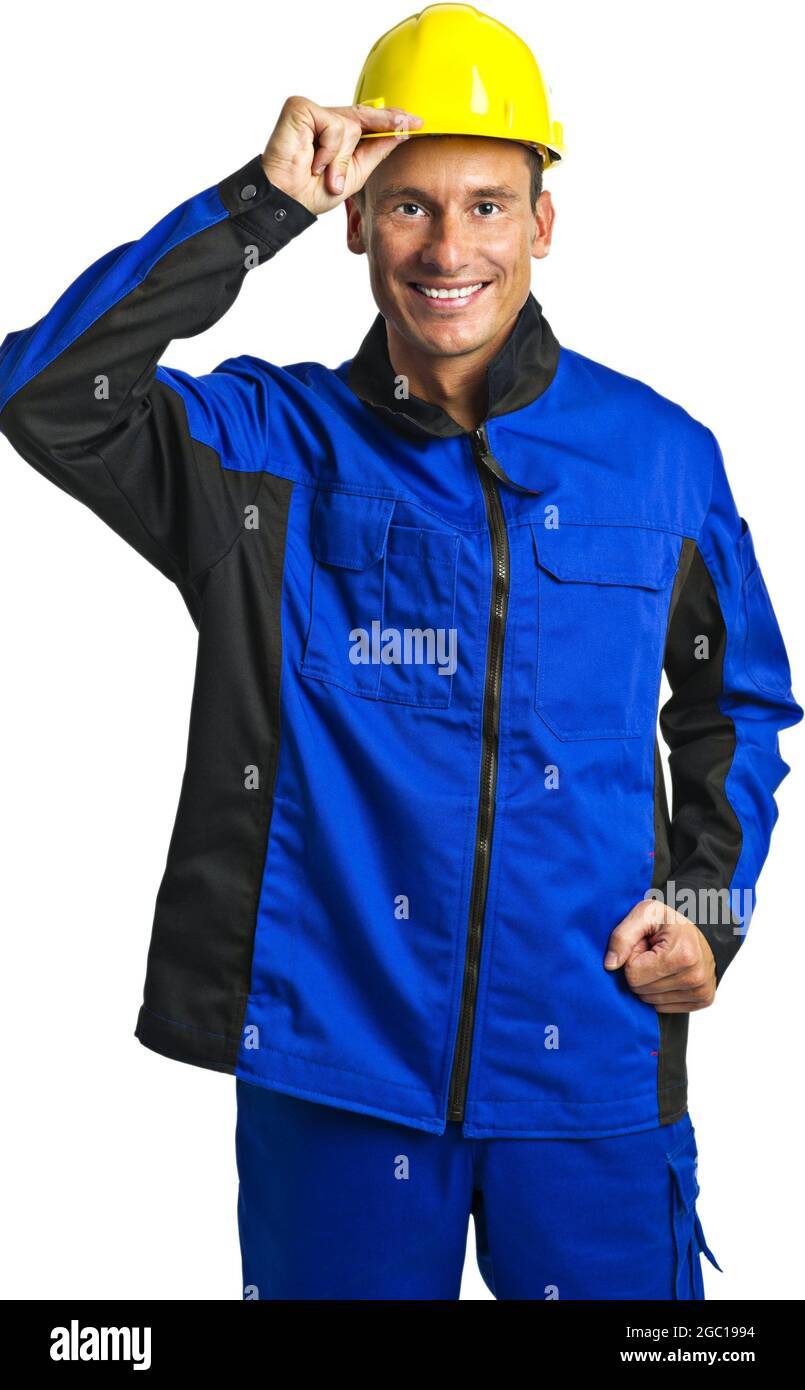 blue collar worker with hard hat Stock Photo - Alamy