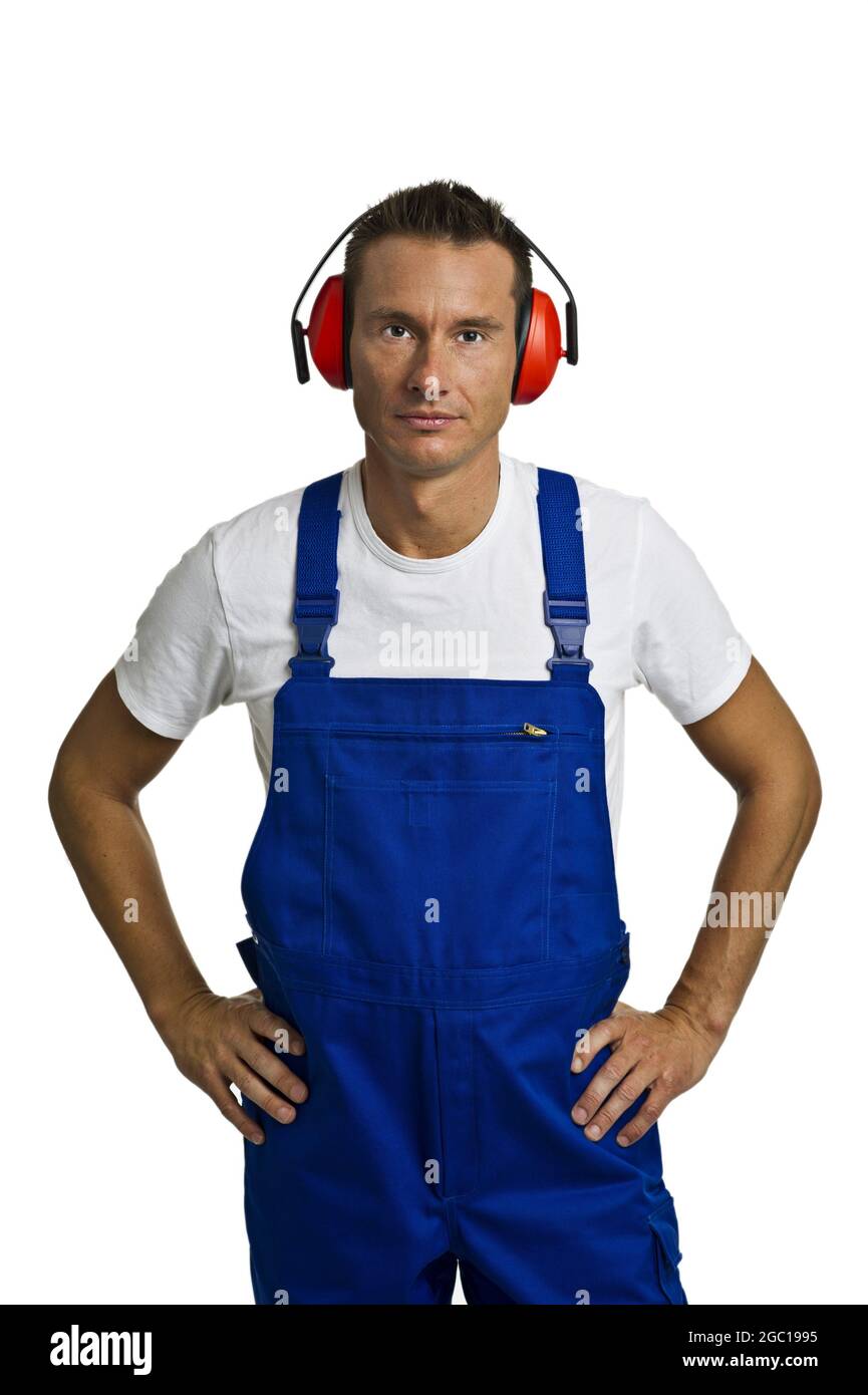 blue collar worker with ear protection Stock Photo Alamy