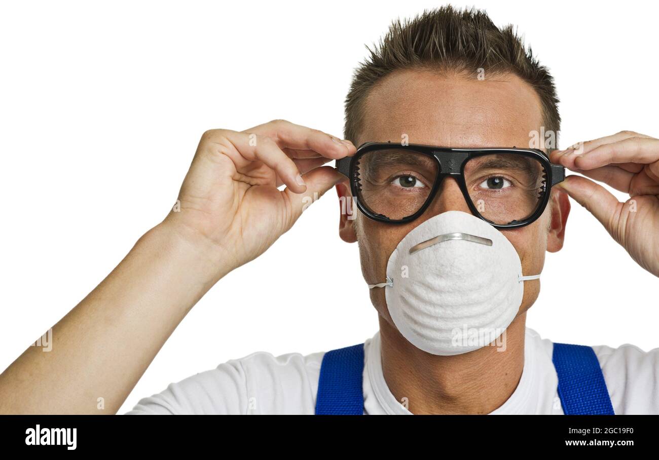blue collar worker with filter mask and safety glasses Stock Photo Alamy