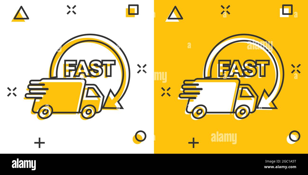 Vector cartoon truck, car icon in comic style. Fast delivery service  shipping sign illustration pictogram. Car van business splash effect  concept Stock Vector Image & Art - Alamy