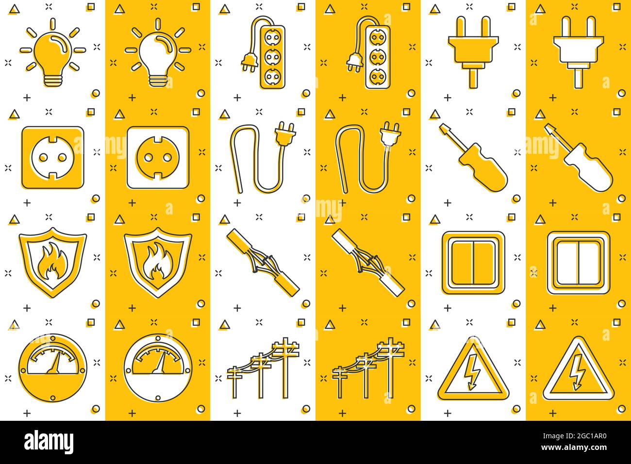 Vector cartoon electricity icons set in comic style. Electrician sign illustration pictogram. Voltage technology business splash effect concept. Stock Vector