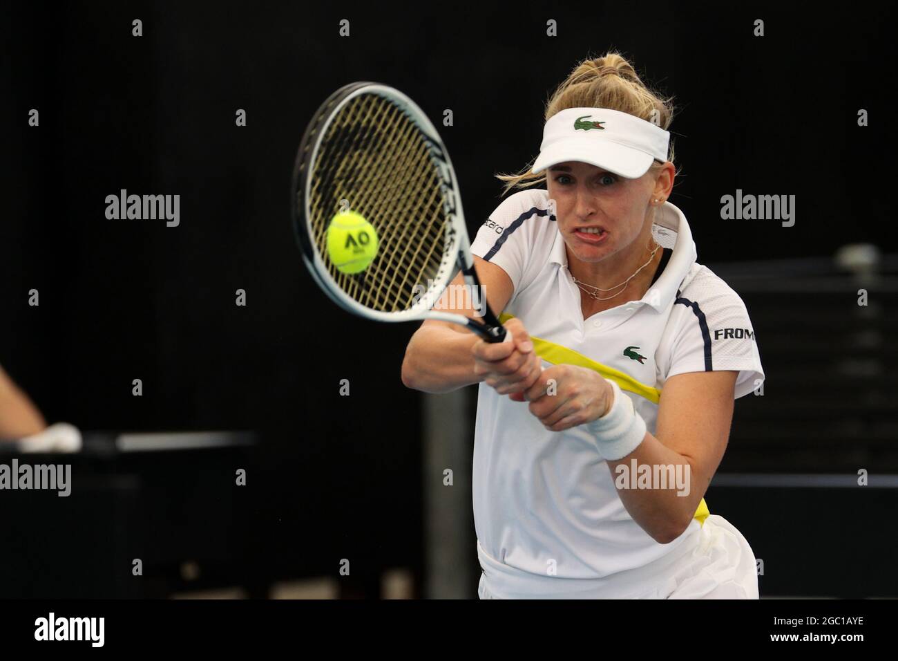 ADELAIDE, AUSTRALIA - FEBRUARY 25: Jil Teichmann of Switzerland plays a  shot against Anastasija Sevastova of Lativa during their singles match on  day four of the Adelaide International tennis tournament at Memorial