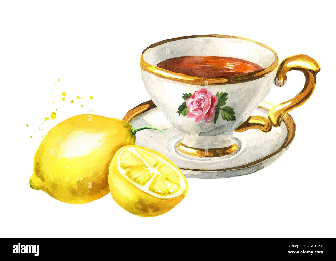 Cup of tea with Lemon. Hand drawn watercolor illustration isolated on ...
