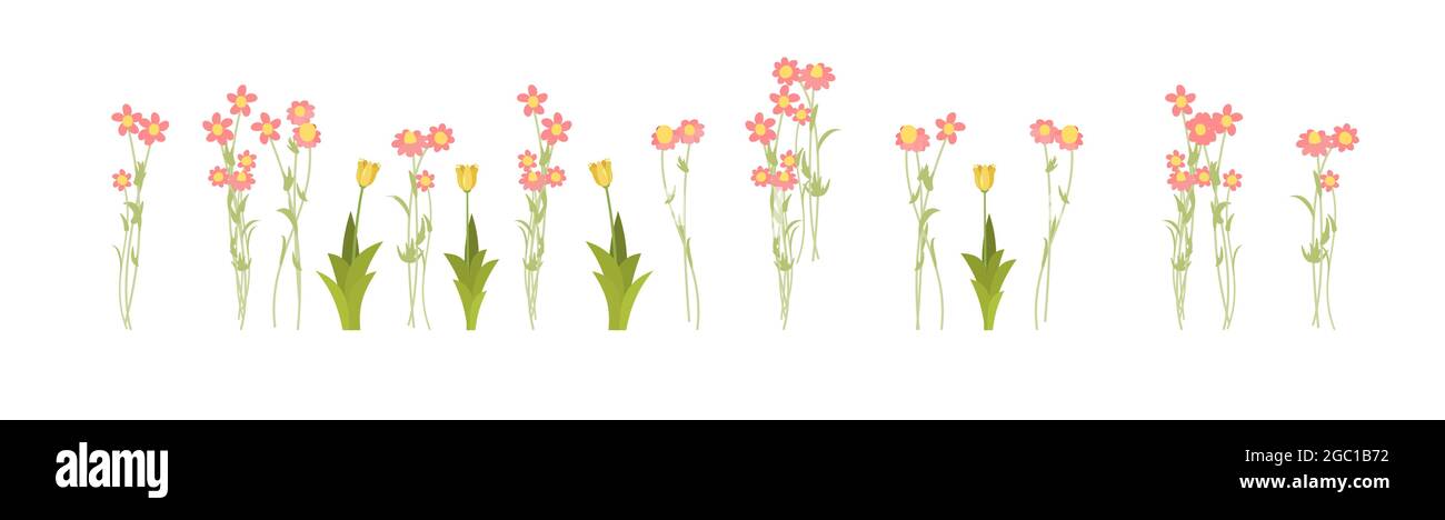 Set isolated. Meadow with wildflowers. Grass close-up. Wild green rural plants. Cartoon style. Flat design. Countryside view. Flowers. Vector Stock Vector