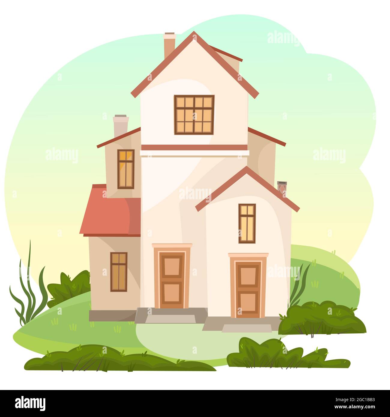 Cartoon house in the meadow. Beautiful view. Cozy rustic dwelling in a  traditional European style. Rural landscape. Nice funny home. Isolated on  white Stock Vector Image & Art - Alamy
