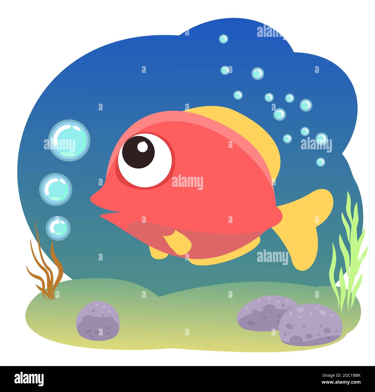 Tropical red fish. Little landscape. Underwater life. Wild animals. Ocean, sea. Summer water. Isolated on white background. Illustration in cartoon Stock Vector