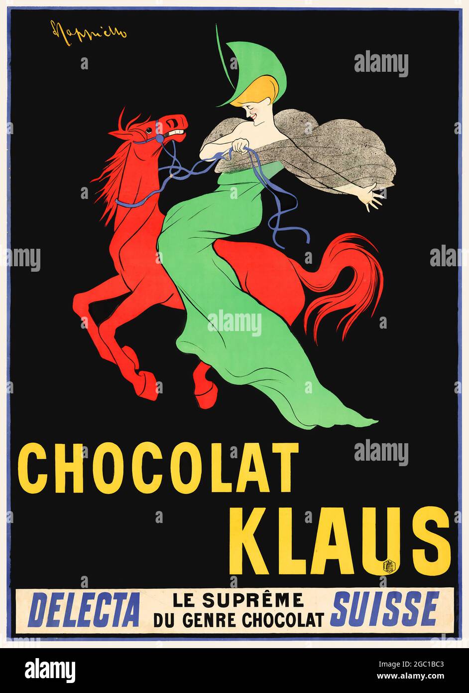Leonetto Cappiello poster Chocolat Klaus – DIGITALLY ENHANCED, high resolution. A lady on a red horse. Advertisement for Swiss chocolate. 1903. Stock Photo