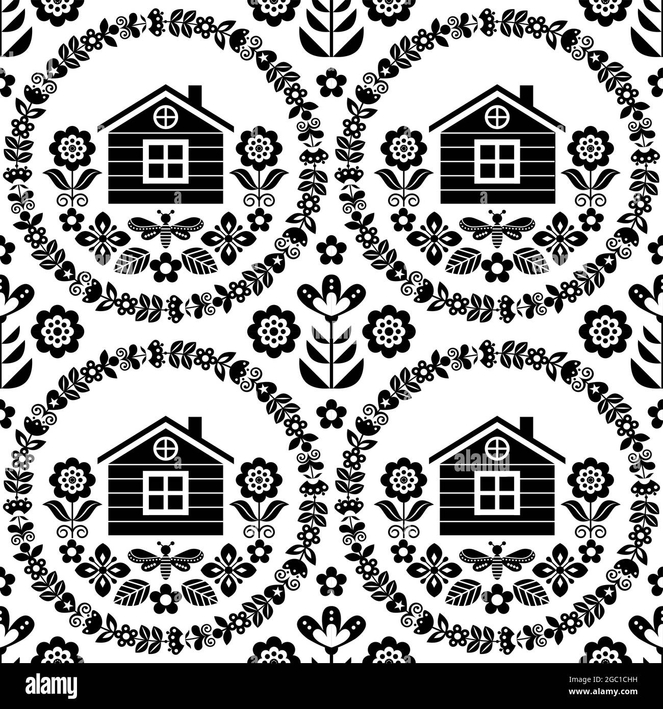 Scandinavian folk art seamless vector floral mandala pattern with Finnish or Norwegian house, retro black and white textile design or fabric print Stock Vector