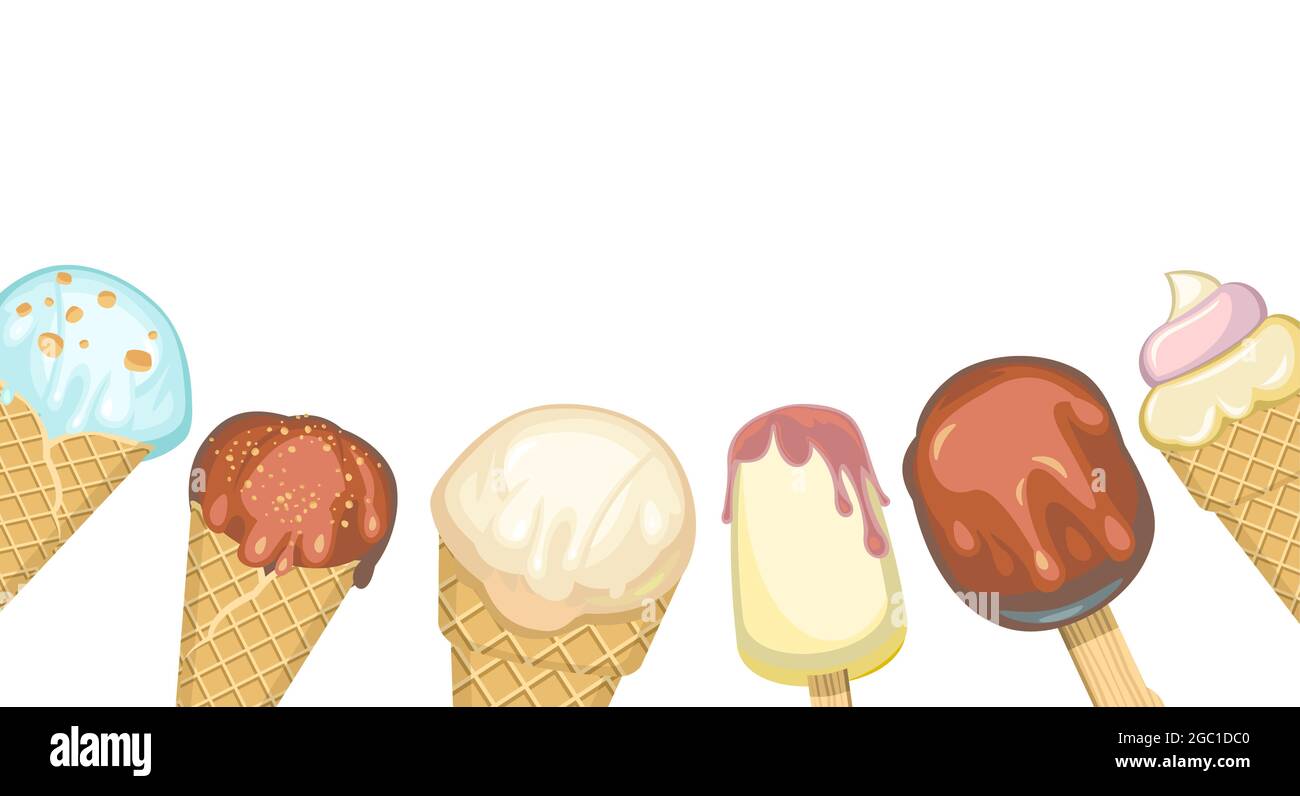 Ice cream bottom border. Background illustration. In waffle glasses and
