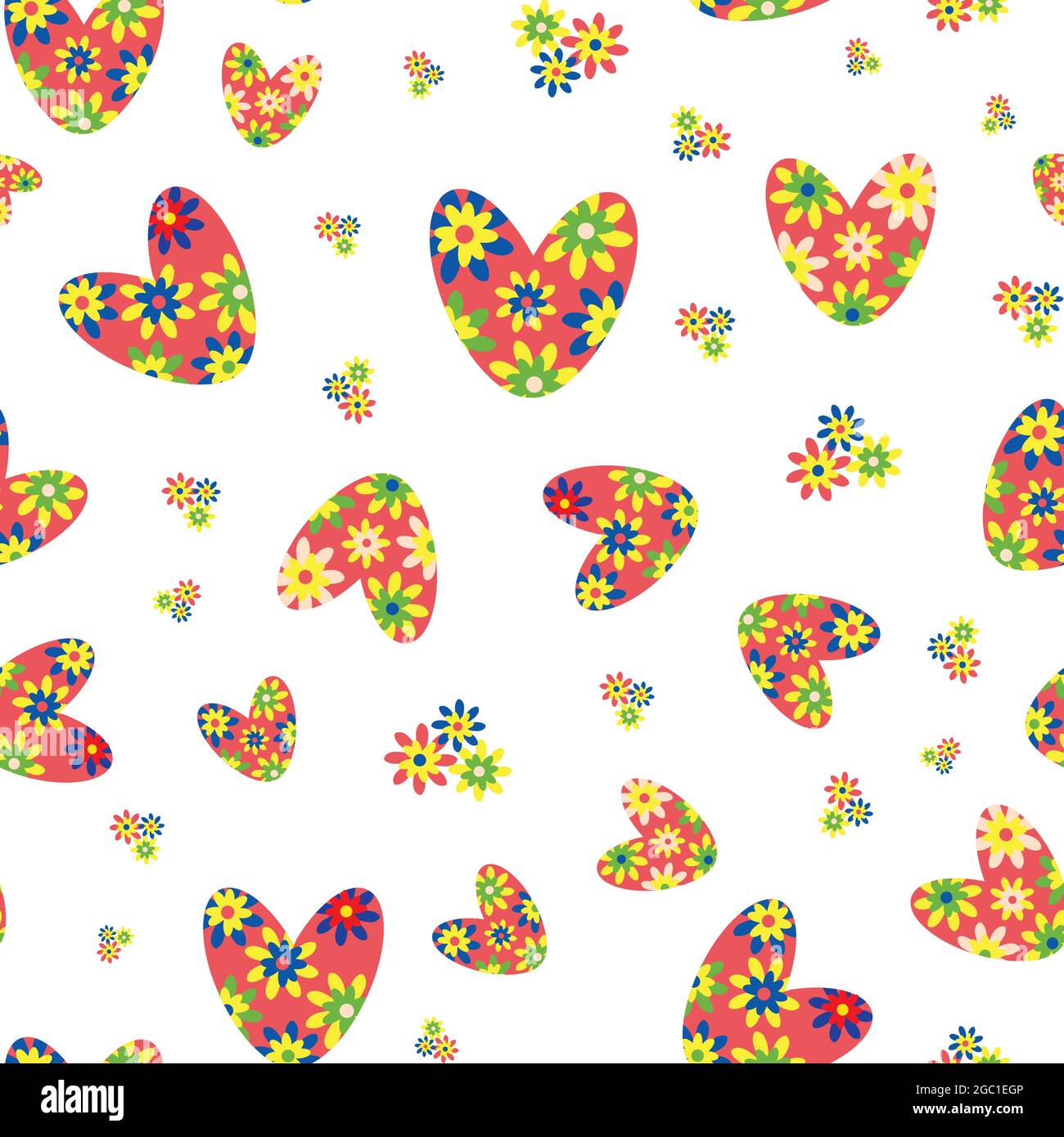 Colorful love heart vector seamless pattern in boho style. Bright floral hearts and flowers on white backdrop. Scattered folk art hippie bohemian Stock Vector