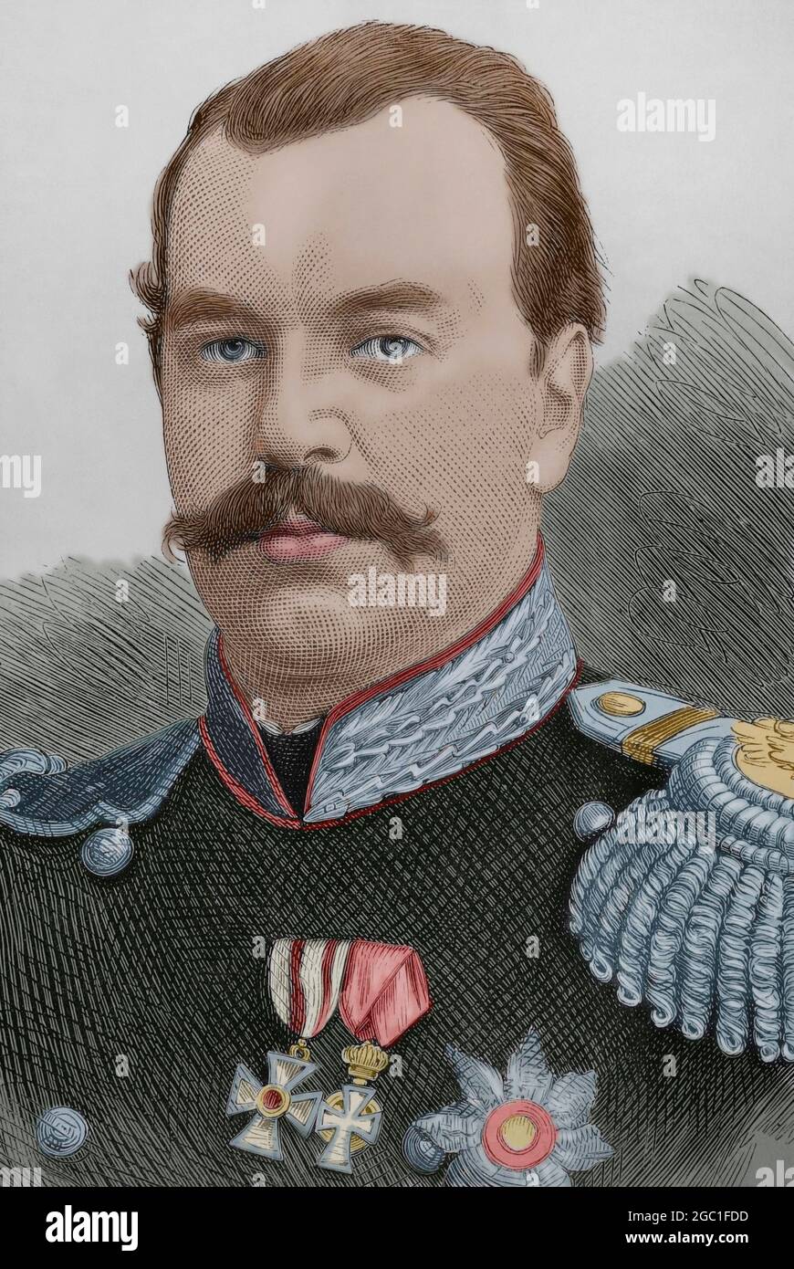 Alexander III of Russia (1845-1894). Czar of the Russian Empire, King of Poland and Grand Duke of Finland from 1881 to 1894. Portrait. Engraving. Later colouration. La Ilustración Española y Americana, 1881. Stock Photo