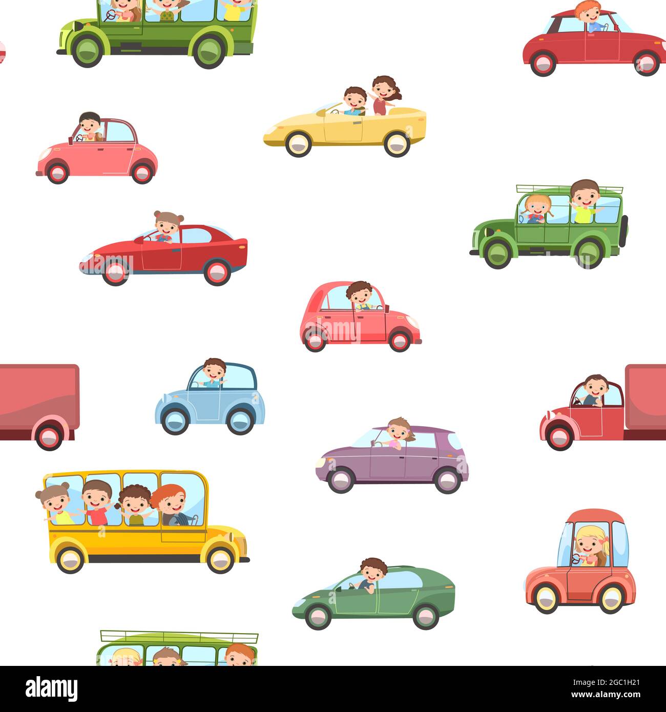 Children drive cars. Seamless cartoon pattern. Kids motorists. Childrens background isolated. Various automobiles. Toy vehicle, motor and truck auto Stock Vector