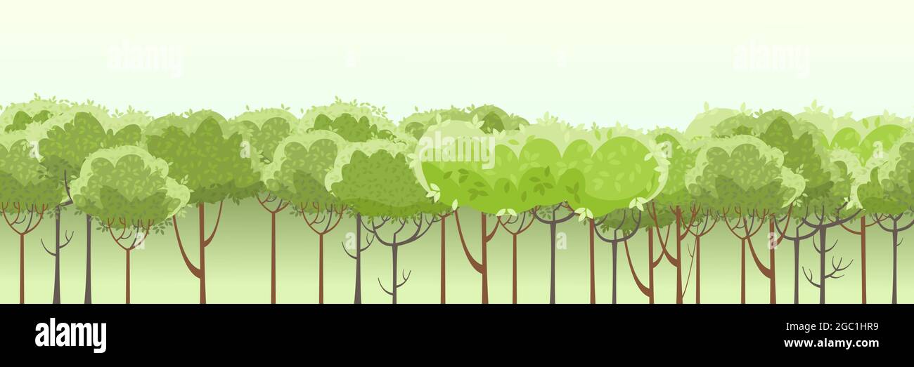 Foggy forest or garden. Thin young trees. A beautiful and graceful summer landscape. Flat style. Seamless, Cartoon design. Vector Stock Vector