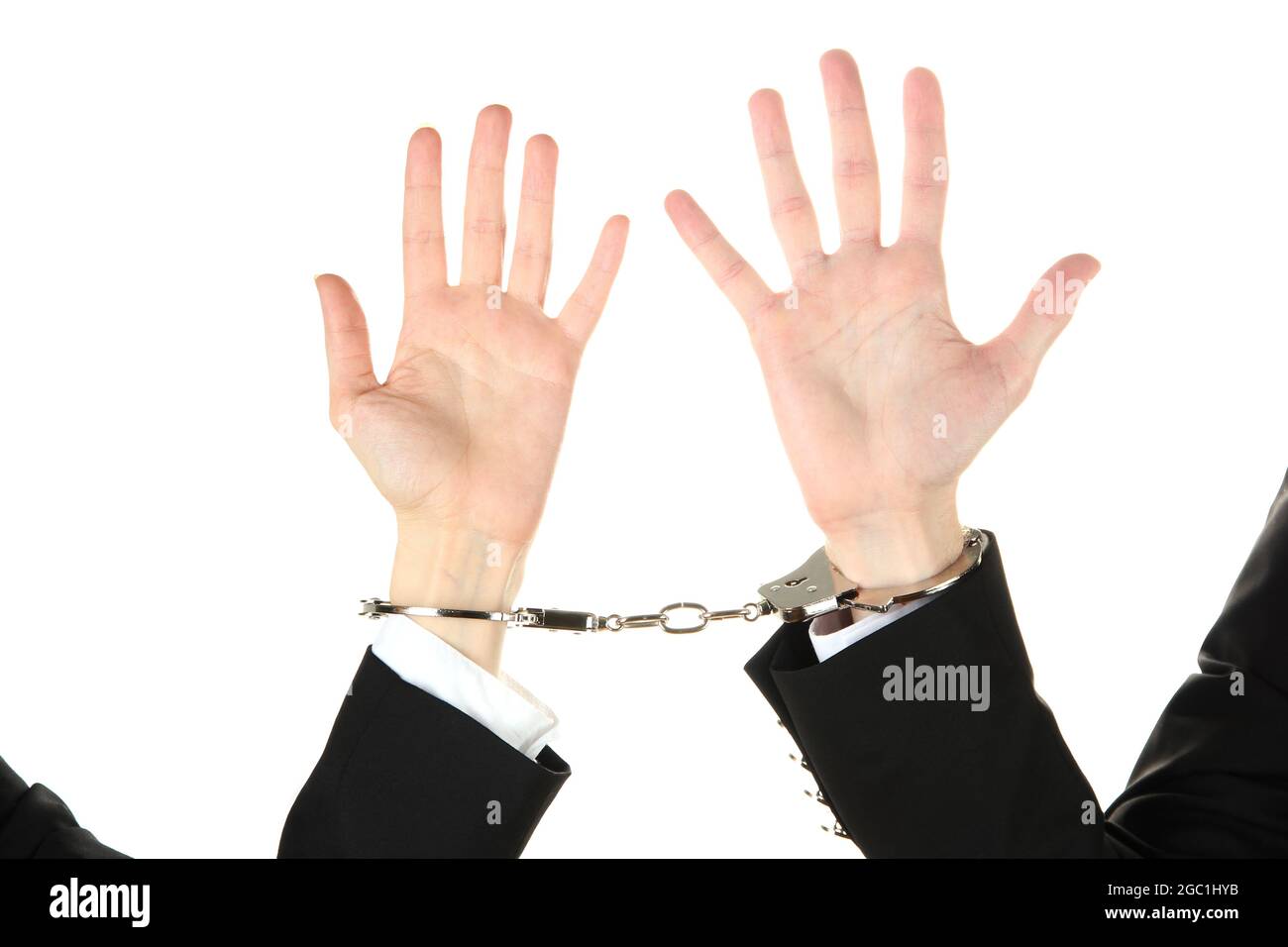 Man and woman hands and breaking handcuffs isolated on white background