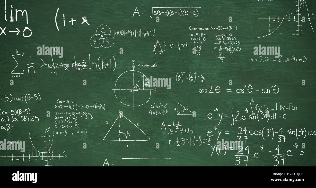 Mathmatical calcualtions written in chalk moving on a green chalkboard ...