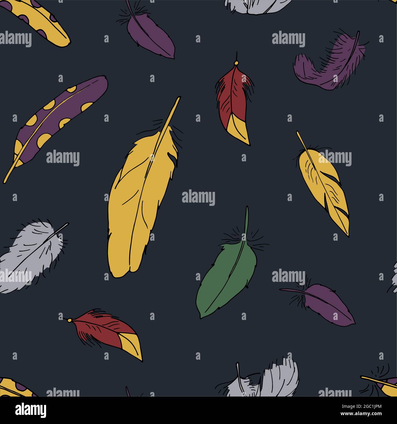 Seamless pattern with hand drawn doodle boho feathers. Bohemian texture ...