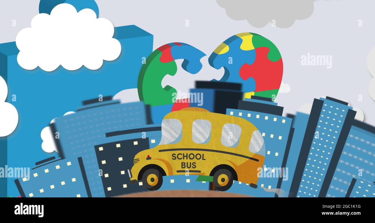 Image of school bus driving through city over heart formed with puzzles ...