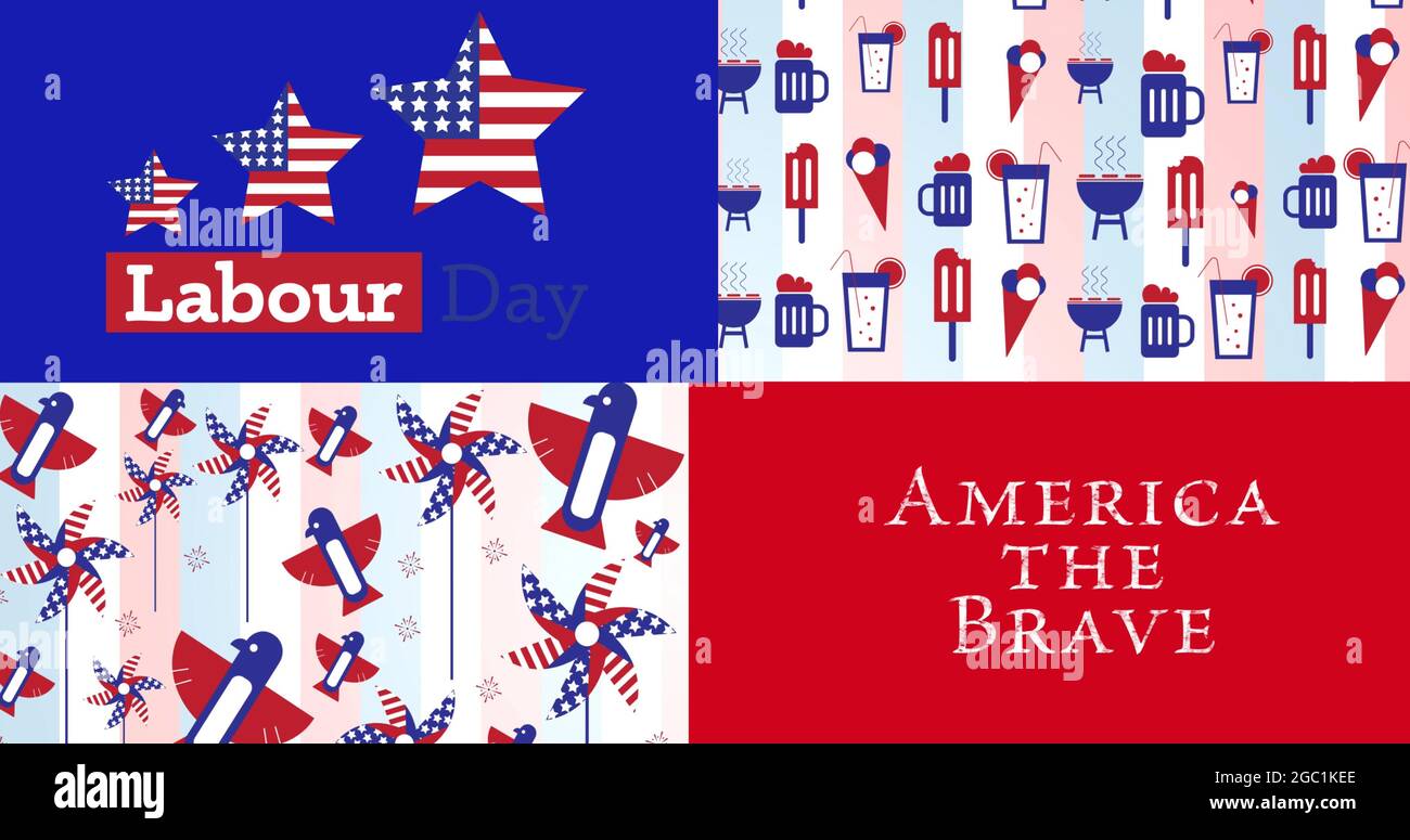 Image of labour day america the brave text over icons coloured with american flag Stock Photo