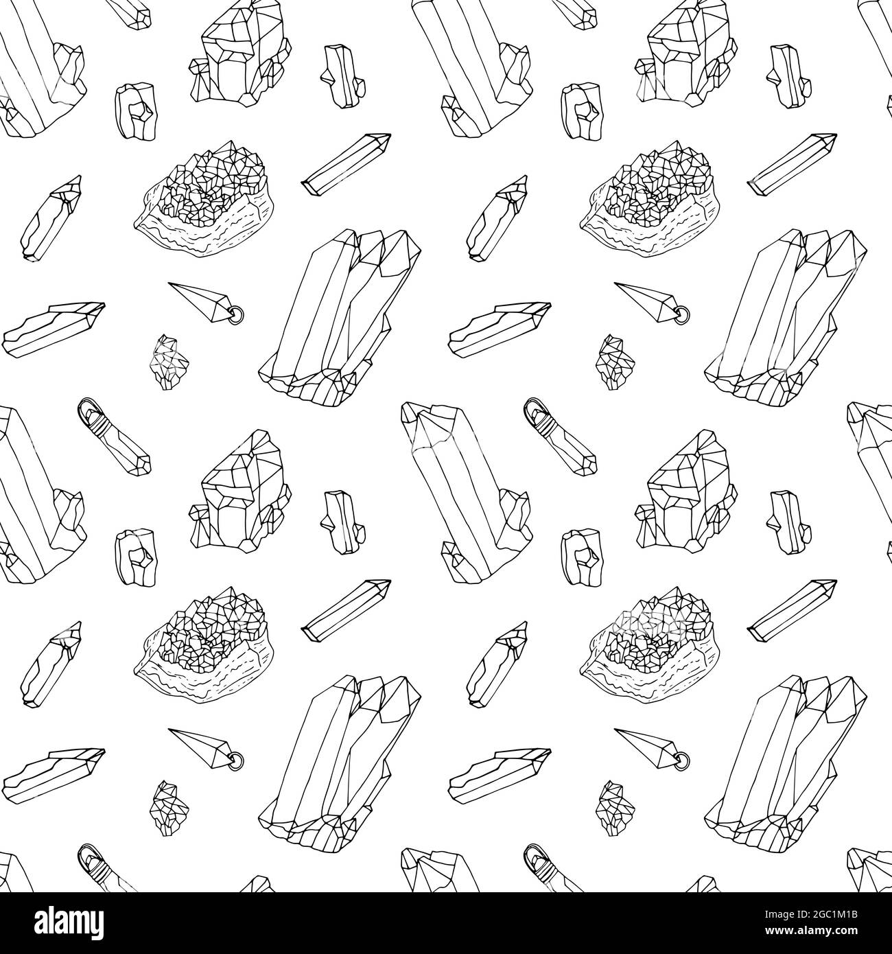 Seamless pattern with hand drawn monochrome black crystals and pendants ...