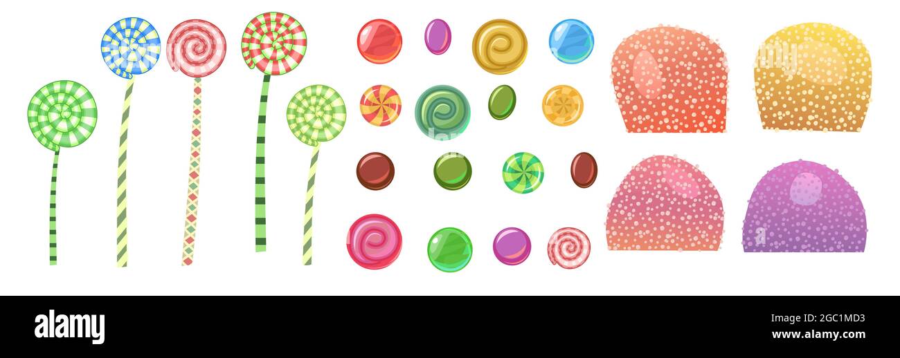 Set. Assorted dessert sweets. Candy caramel. Marmalade in sugar. Round lollipops stick and hooks. Flat cartoon background illustration. Vector Stock Vector