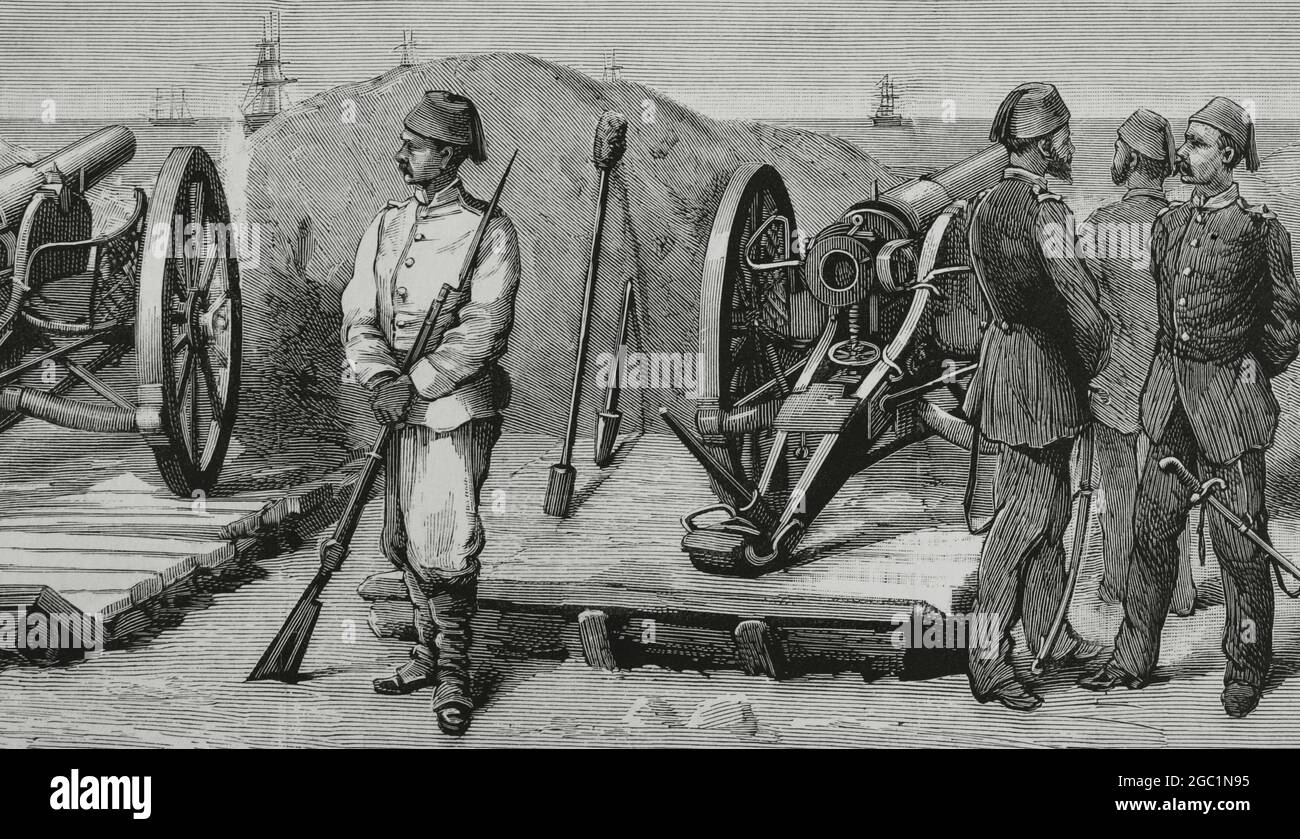 Egyptian conflict with the British, 1882. Egypt. Alexandria. Egyptian battery of Krupp cannons at Mecks Fort. Engraving by Rico. Detail. La Ilustración Española y Americana, 1882. Stock Photo