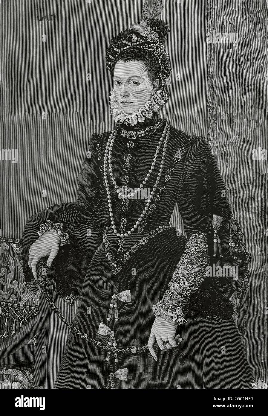 Elisabeth of Valois (1546-1568). Third wife of King Philip II of Spain and queen consort of Spain. Engraving by Vela after a painting by Juan Pantoja de la Cruz. La Ilustración Española y Americana,1882. Stock Photo