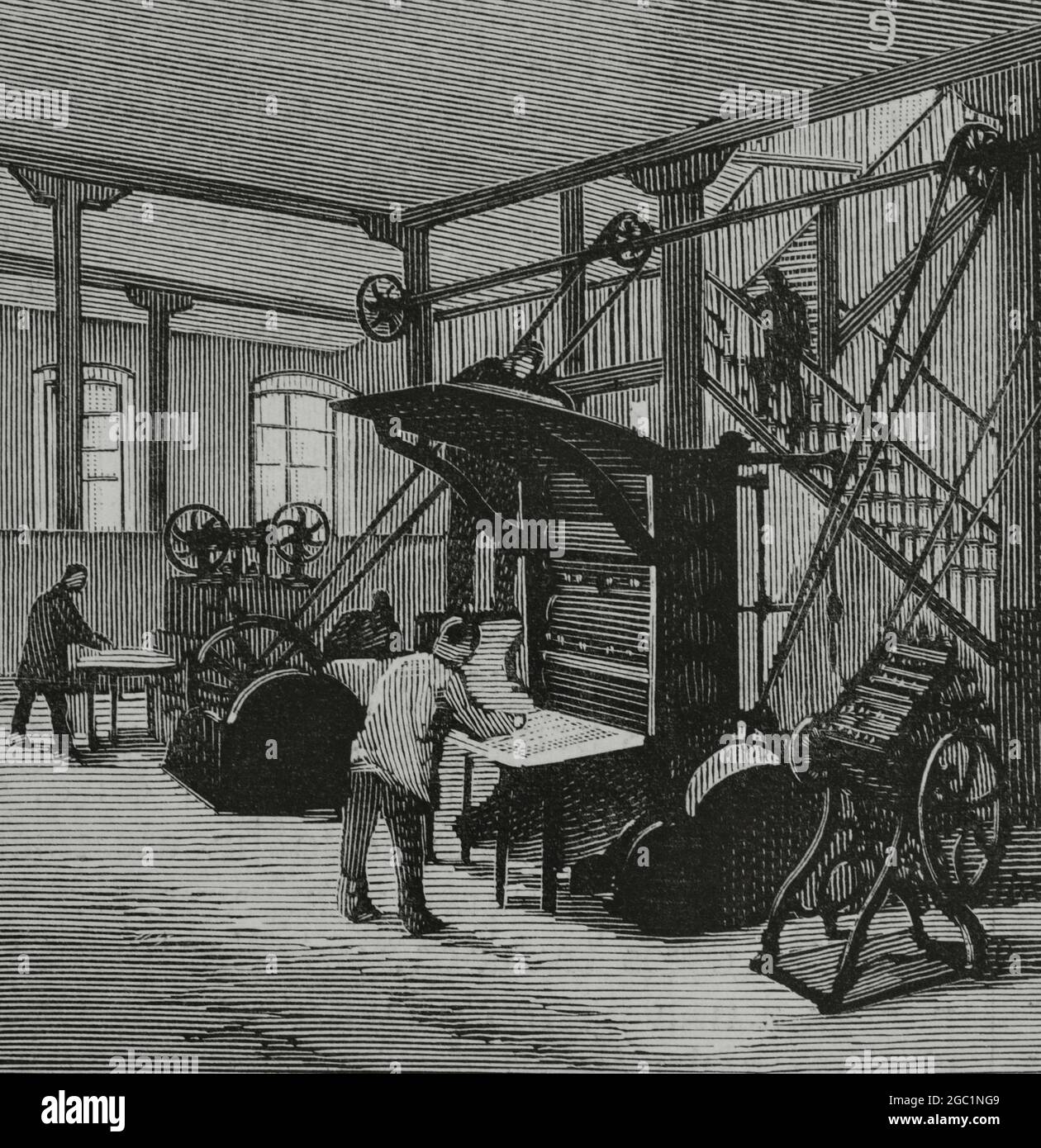 Spain, Madrid. New typographic establishment of the 'Sucesores de Rivadeneyra', in the Paseo de San Vicente. Glazers and Minerva printing press. Engraving. La Ilustración Española y Americana, 1882. Stock Photo