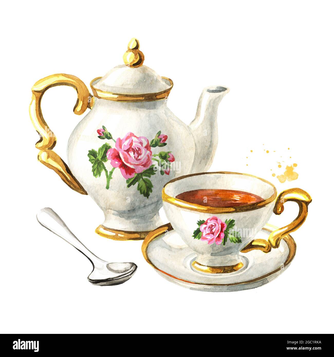 Teapot, Cup and saucer. Vintage porcelain. Hand drawn watercolor  illustration, isolated on white background Stock Photo - Alamy