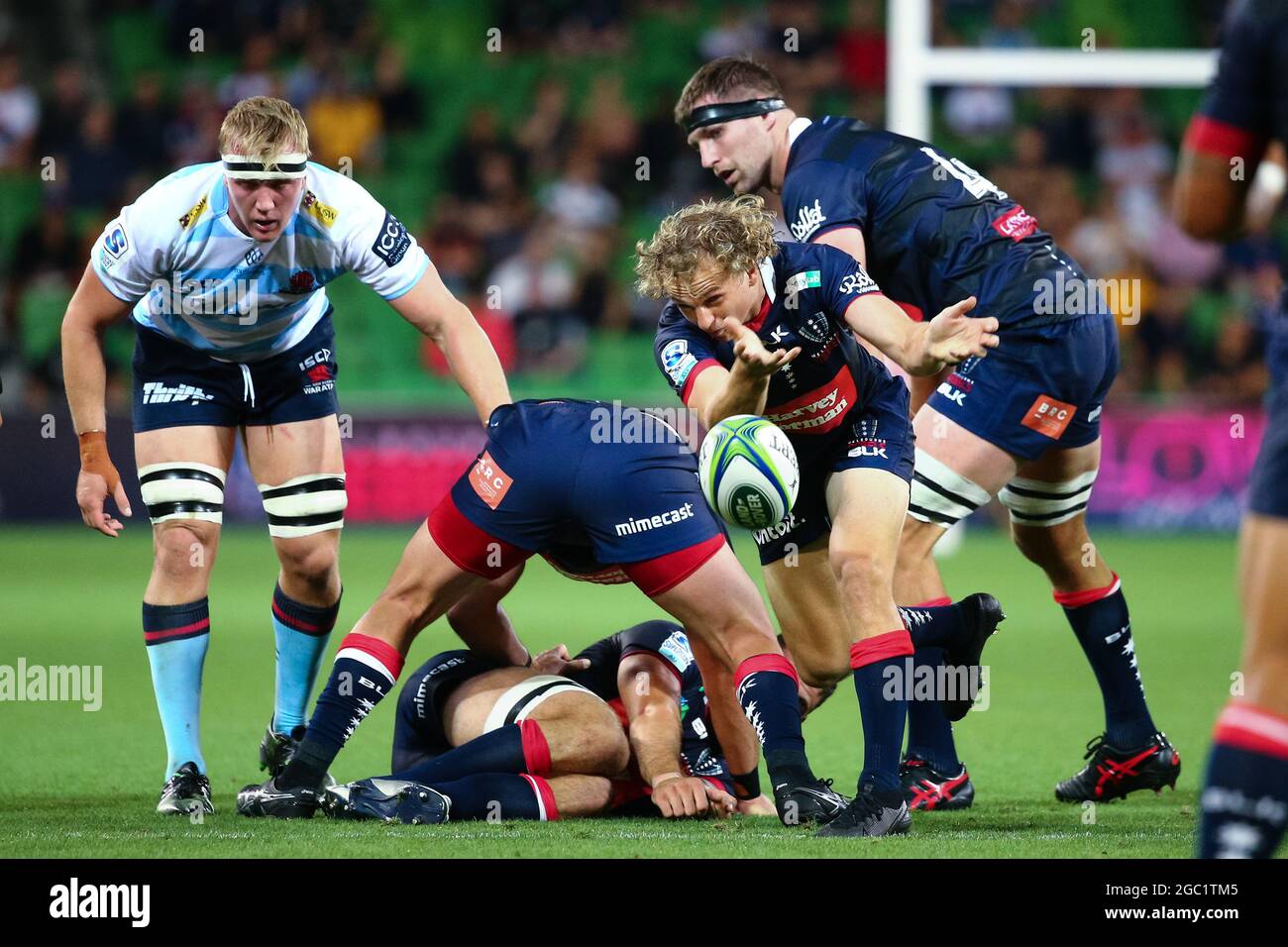 MELBOURNE, AUSTRALIA - MARCH 19: Joe Powell of the Melbourne Rebels passes the ball during the round 5 Super Rugby match between the Melbourne Rebels and NSW Waratahs at AAMI Park on March 19, 2021 in Melbourne, Australia.  Credit: Dave Hewison/Speed Media/Alamy Live News Stock Photo