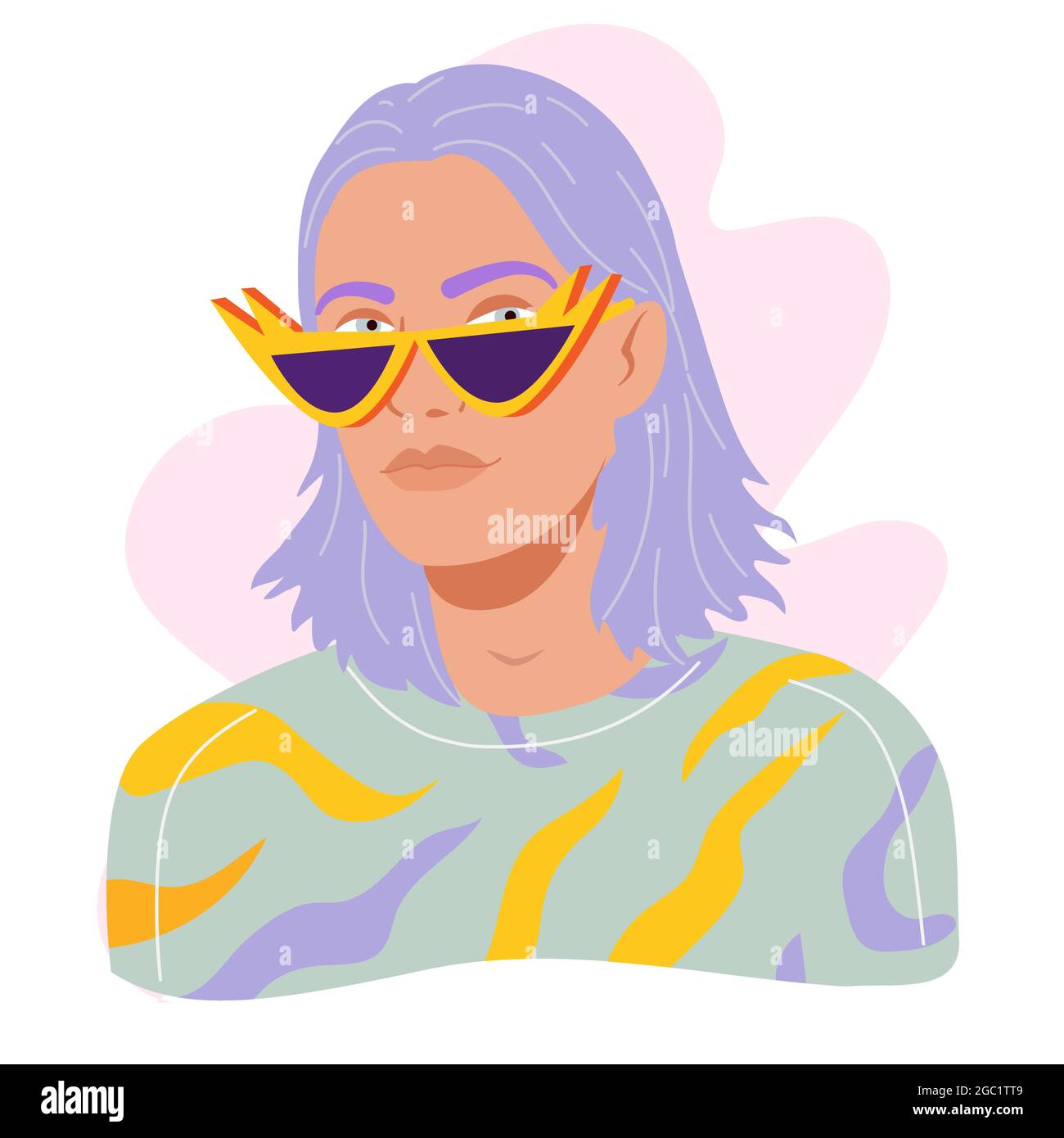 Portrait of modern young guy with long dyed purple hair. Avatar of man in modern trendy party sunglasses and fashion outfits. Vector portrait of styli Stock Vector