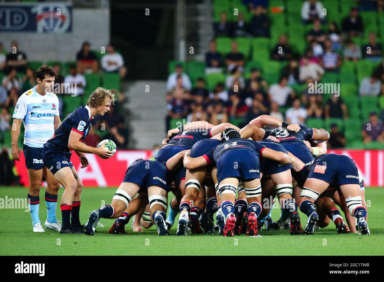 MELBOURNE, AUSTRALIA - MARCH 19: Joe Powell of the Melbourne Rebels feeds the ball into the scrum during the round 5 Super Rugby match between the Melbourne Rebels and NSW Waratahs at AAMI Park on March 19, 2021 in Melbourne, Australia.  Credit: Dave Hewison/Speed Media/Alamy Live News Stock Photo