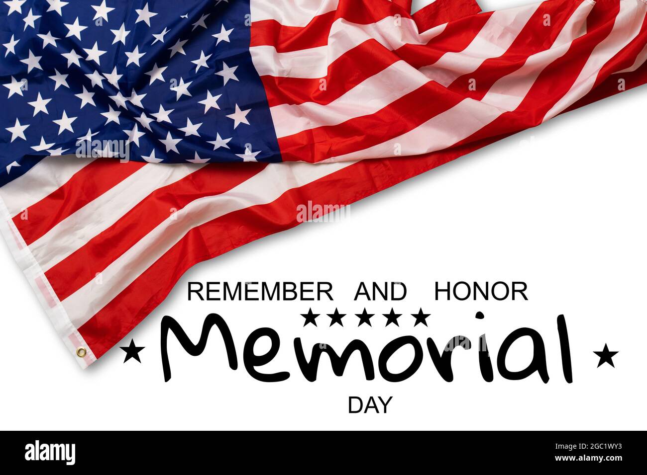 Happy Memorial Day. American flags with the text REMEMBER HONOR against ...