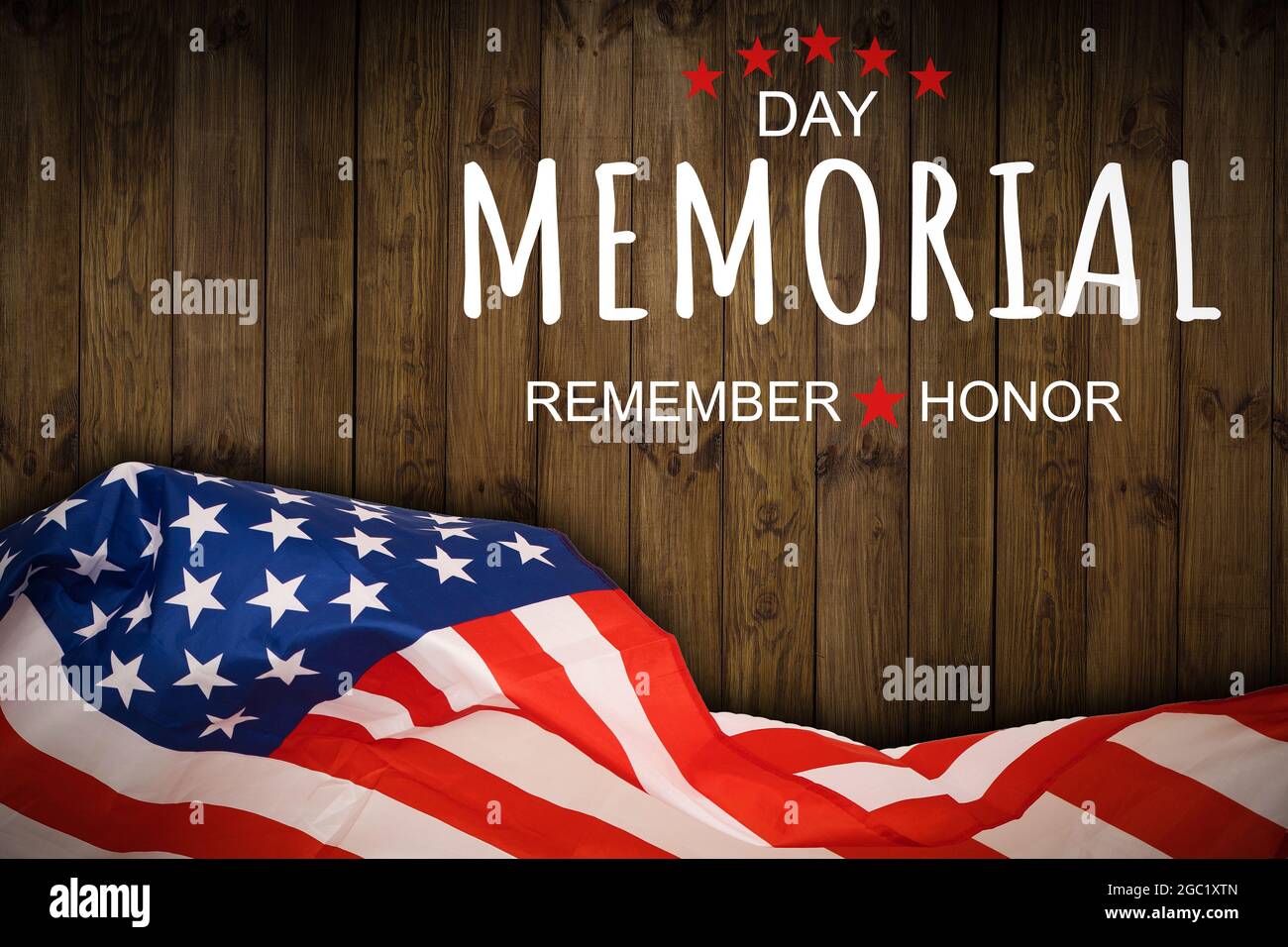 Happy Memorial Day. American flags with the text REMEMBER HONOR against ...