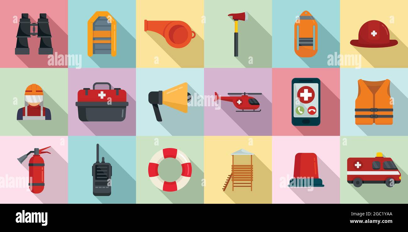 Rescuer icons set flat vector. Hurricane flood. People victim Stock ...