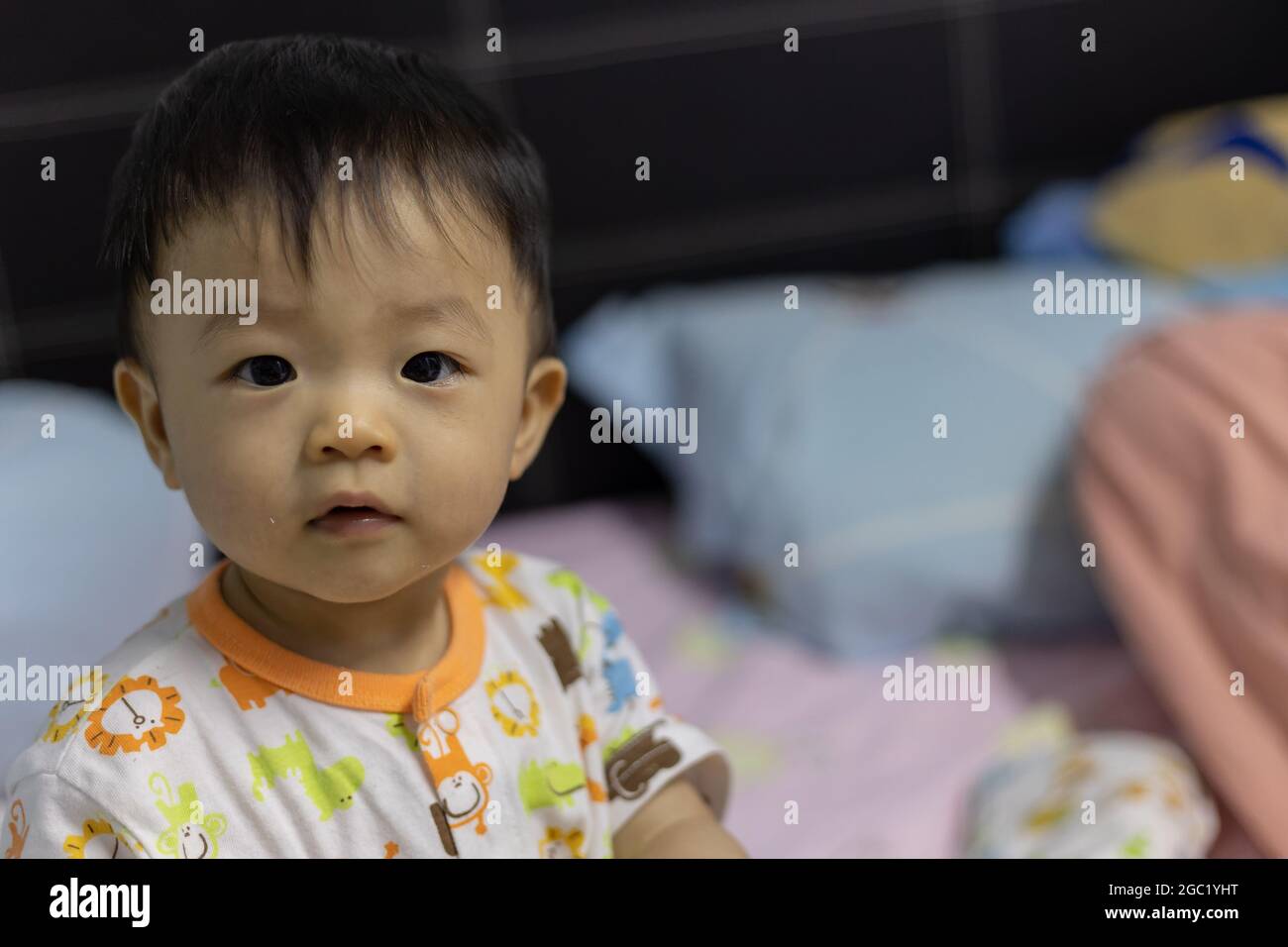 Portrait image of cute and joyful 1 years old baby boy on bed. Stock Photo